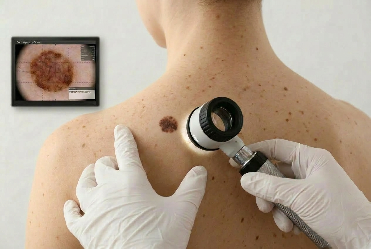 Dermatologista examinando pinta suspeita para diagnóstico de câncer de pele