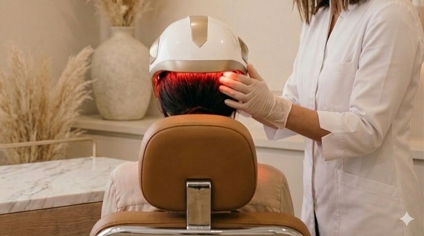Paciente realizando sessão de LED e Laserterapia capilar para combate à queda